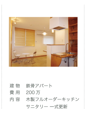 施工事例2　鉄骨アパート　費用200万　木製フルオーダーキッチン　サニタリー一式更新